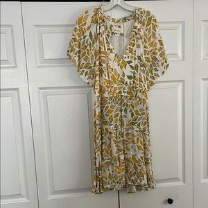 Anthropologie Leaf Print High Low Dress in Yellow and Green